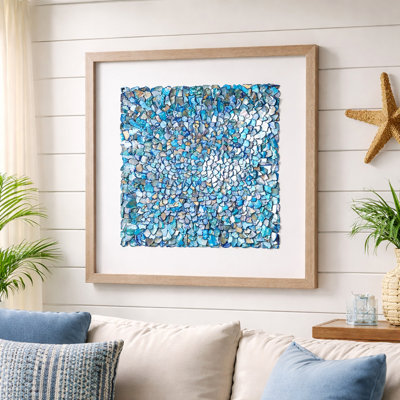 Coryell Blue Seashell Mosaic Wall Art with Champagne Frame - Handcrafted Square Coastal Wall Decor, 19.62"x19.62"
