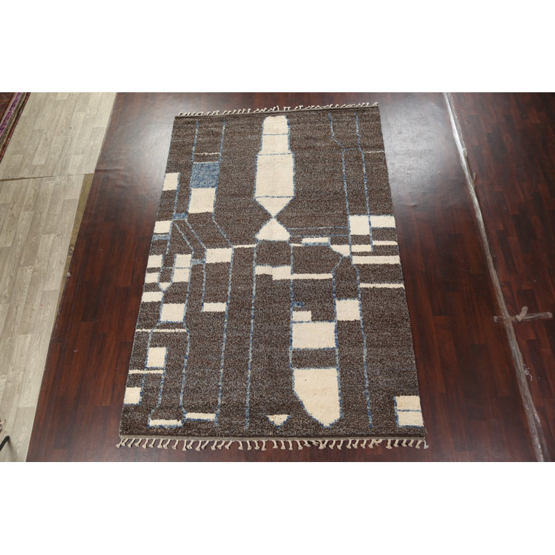 Tapis brun en laine noué à la main de conception unique 7 pi 2 po x 10 pi 10 po