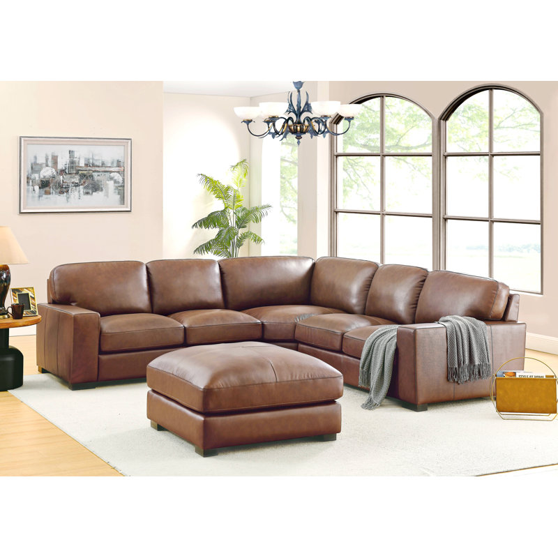Canapé modulaire rembourré 4 pièces Kimesville, Cuir véritable brun foncé