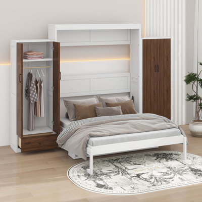 Wooden Wall Bed With Closet, Drawers And Desk