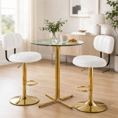 Ensemble de table de bar ronde en verre avec 2 tabourets de bar à hauteur réglable, table de bistro moderne à hauteur de comptoir avec chaises rembourrées pour le bar, la cuisine et le coin-repas