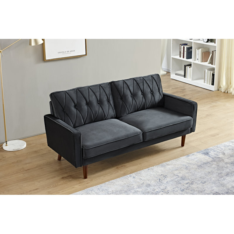 Petit canapé à dossier coussiné en velours, Velours noir, H 31,5 po x l 57,5 po x P 33,5 po