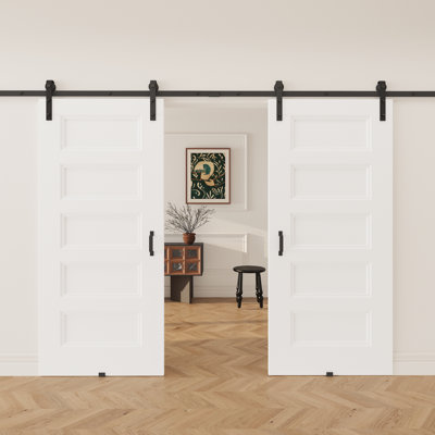 Porte de grange coulissante double 80 po 5 panneaux blancs H 80 po avec quincaillerie d'installation - Surface apprêtée, noyau creux