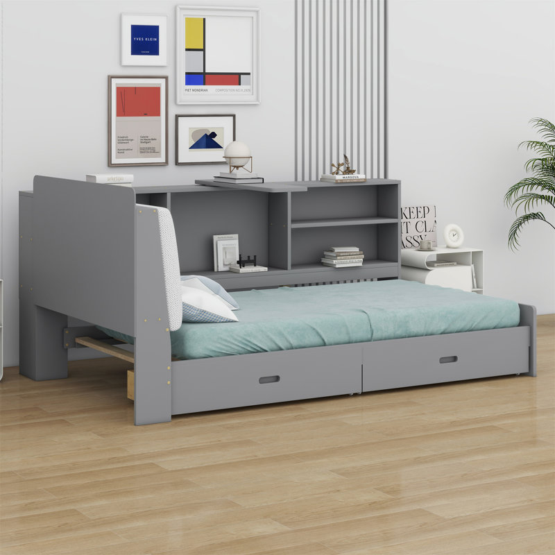 Lit plateforme avec tête de lit avec rangement, tablettes et 2 tiroirs, Gris / Blanc