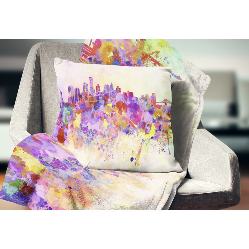 Coussin imprimé mauve New York Skyline, 16 po x 1 po, Coussin décoratif