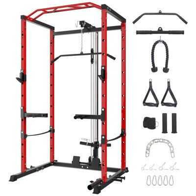 61” Squat Rack Power Cage with Lat Pulldown & J-Hooks