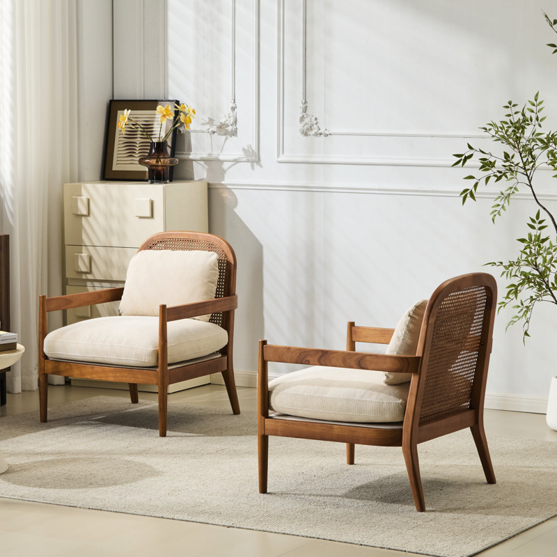 De 2 fauteuils de style Mid-Century avec structure en noyer, dossier et tissu beige pour bureau à domicile 26,6 ", décoration moderne de chambre à coucher