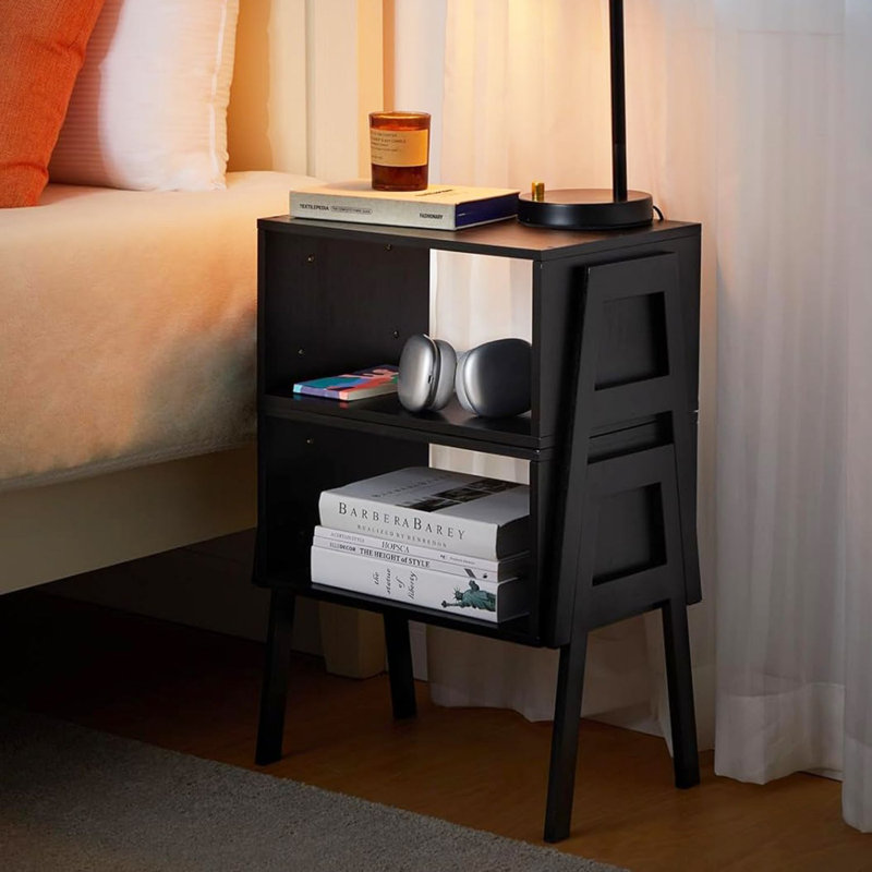 Black Bamboo Stackable End Tables with Shelf, Set of 2