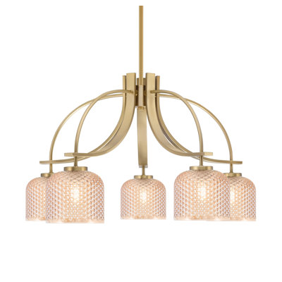 Cavella 5 Light Downlight Chandelier Shown In New Age Brass Finish With 6" Amber Textured Glass