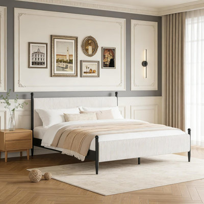 Structure de lit rembourrée avec tête de lit en velours, plateforme en velours côtelé et lattes de bois, aucun sommier nécessaire