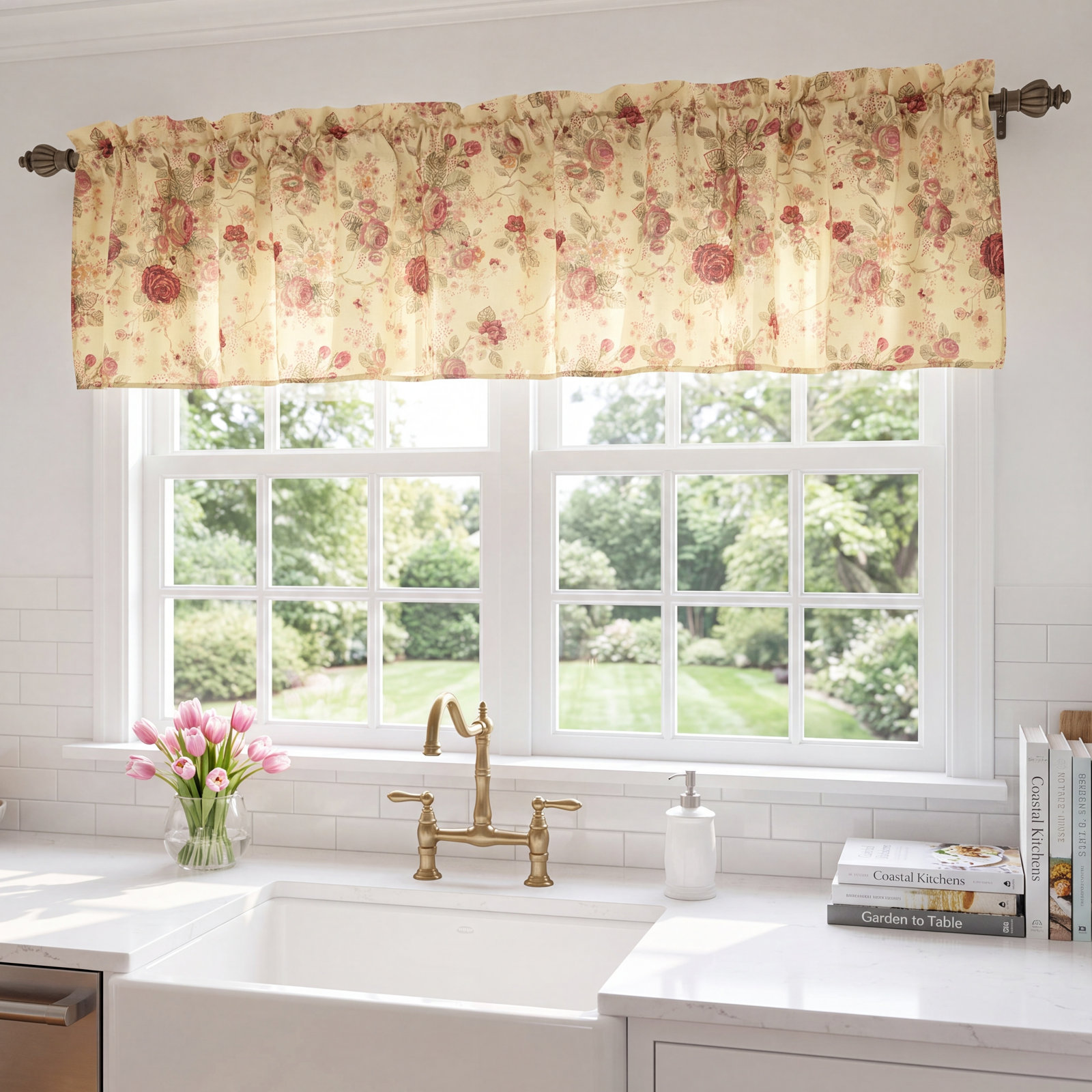 Antique Rose Curtain Valance, Ecru
