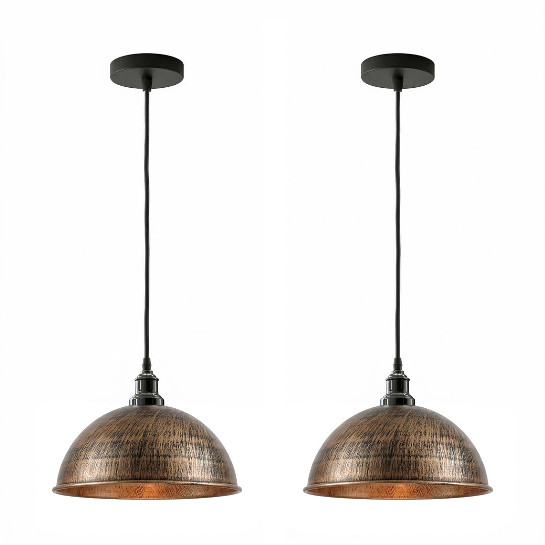 2 Pack Metal Pendant Ceiling 21cm Light Shade Industrial Black with Gold Inner Dome Lampshade, E27 Holder Fitting
