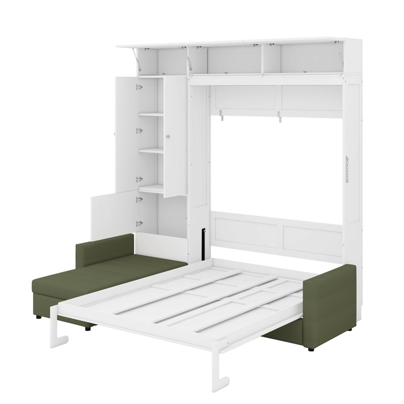 Grand lit escamotable mural avec canapé et tablettes, Blanc/vert