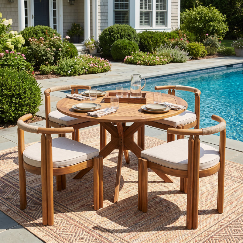 Cagnie Scandinavian Minimalist Acacia Wood Outdoor Dining Set With Armless Cushioned Chairs And Round Slat Table