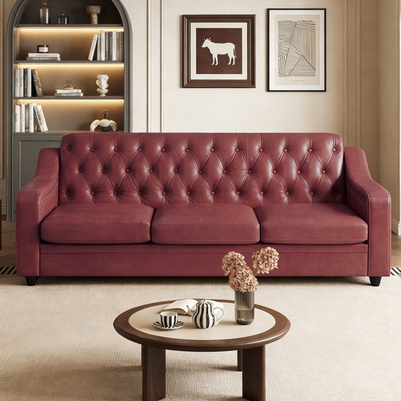 Mid-Century Modern 78.7" Leather Sofa, Tufted Upholstered 3 Seater Couch With High Back & Nailhead Trim, Chesterfield Sofa For Living Room Bedroom Apartment Office