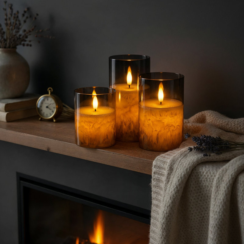 LED Mirrored Glass Round Hurricane Pillar Flameless Candles, Real Wax Moving Wick Dancing Flickering Flame, Battery Operated (Included), Remote & Timer (Set of 3, Silver Gray Metallic)