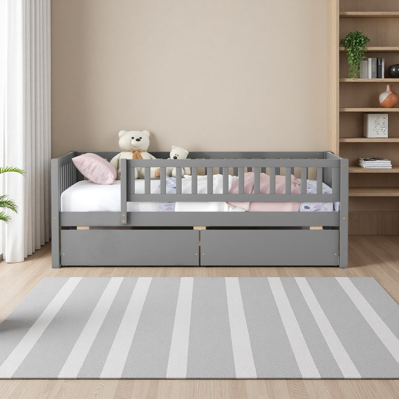 Lit de jour simple en bois avec deux tiroirs, Gris
