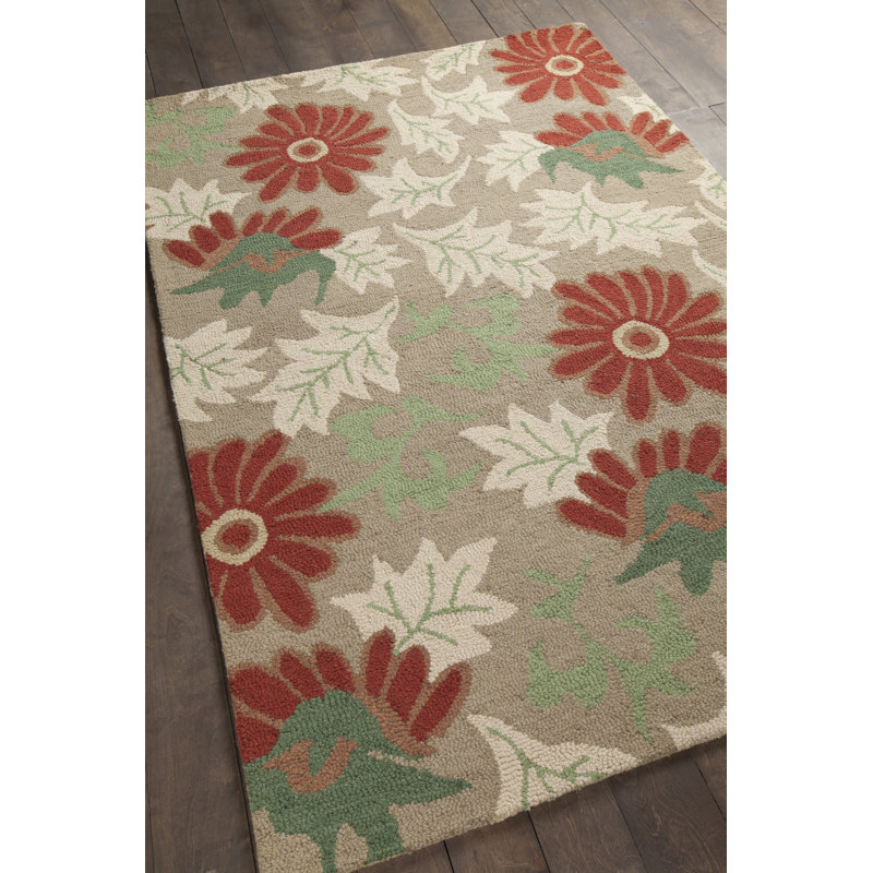 Tapis marguerite et feuille en laine à motif touffeté à la main beige, orange rouille, vert sauge et crème Medford Authentic