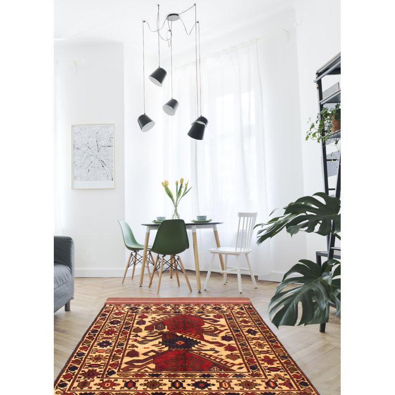 Tapis décoratif en laine noué à la main de conception unique 4 pi x 6 pi 1 po « New Age » en laine rouge foncé/beige