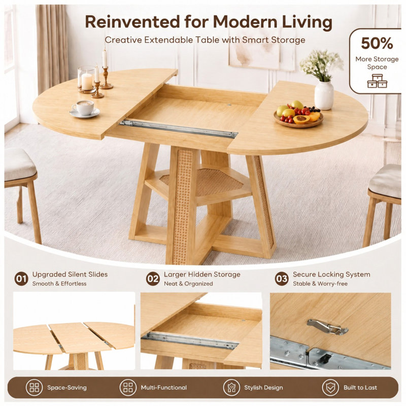 Table de salle à manger extensible ronde à ovale de 150 cm avec rallonge amovible, table de cuisine en bois naturel pour 4 à 6 personnes, accents en rotin