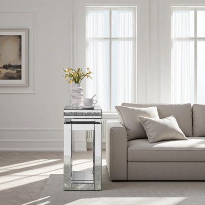 Mirrored End Table Square With Crystals Inlay, 2-Tier Modern Small Sofa Table With Storage, Silver Accent Table For Living Room
