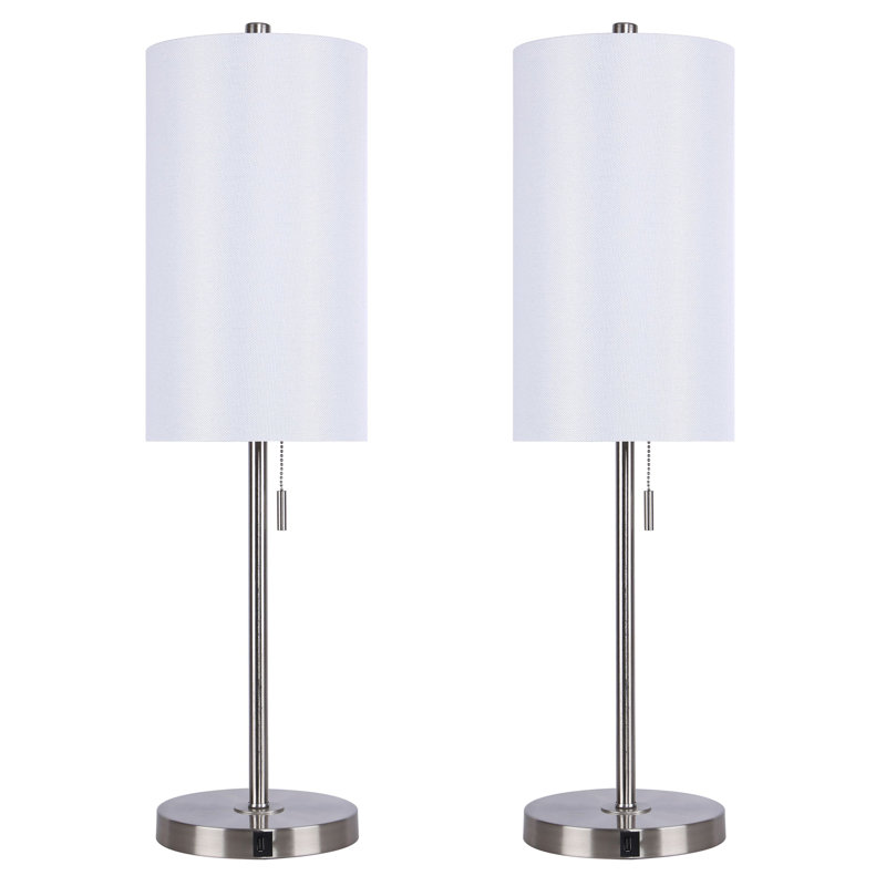  Kelci 32" Brushed Nickel Metal Buffet Table Lamp Set with USB, White, Brushed Nickel
