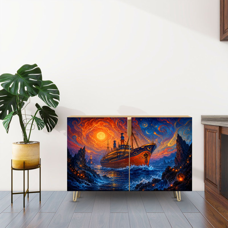 Buffet Buffet avec rangement Fantasy Ship Sailing Night Vibrant Celestial Sky Rocky Coastline avec 2 portes pour le salon et la cuisine