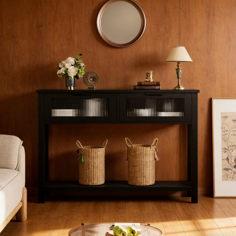 2-Tier Console Table with Glass Drawers, Narrow Farmhouse Entryway Table for Living Room Hallway