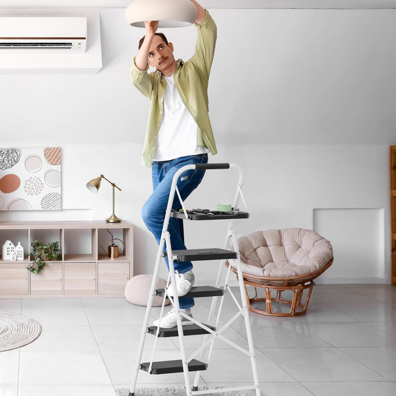 Black and White Steel Folding 4-Step Ladder with Tool Platform