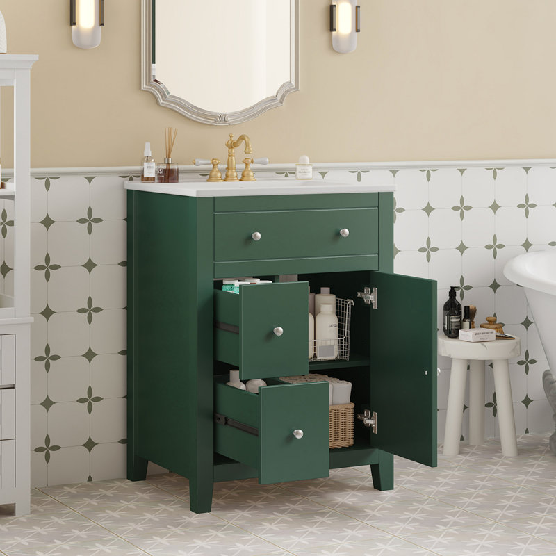 Meuble-lavabo moderne 24 po avec lavabo en céramique, meuble-lavabo pour salle de bain à 2 tiroirs, Vert