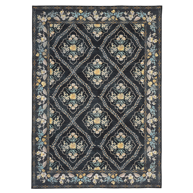 Classic Distressed Area Rug - Machine Washable, Non-Slip, Low Pile, Non-Shedding Carpet with Bordered Design for Bedroom, Living Room, Dorm - Black Gray Multi, 9x12ft
