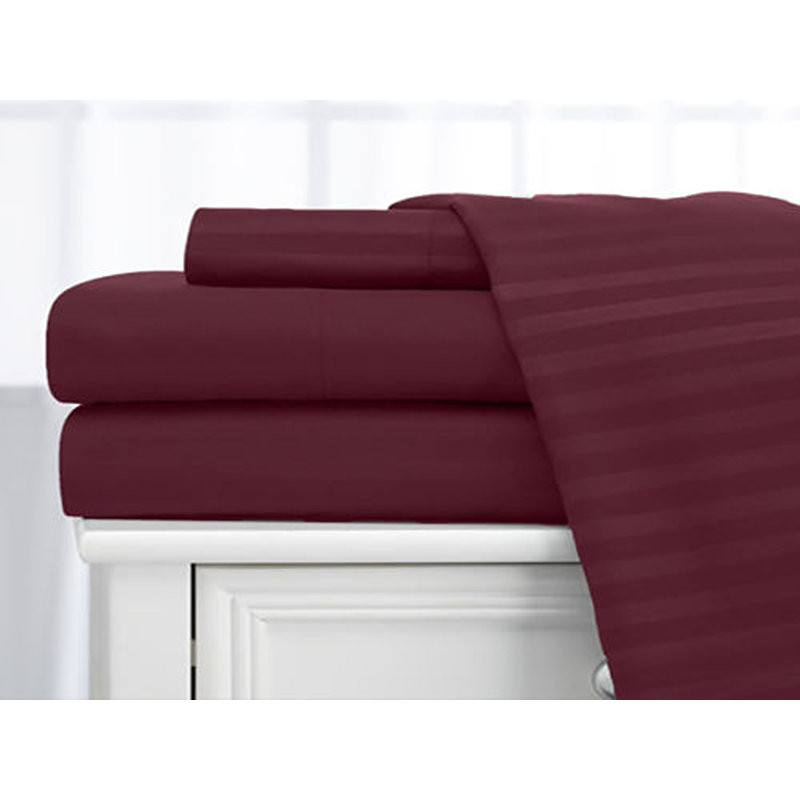 100% Cotton Sateen Striped Sheet Set, Queen Sheet Set + 2 Pillowcases, Burgundy