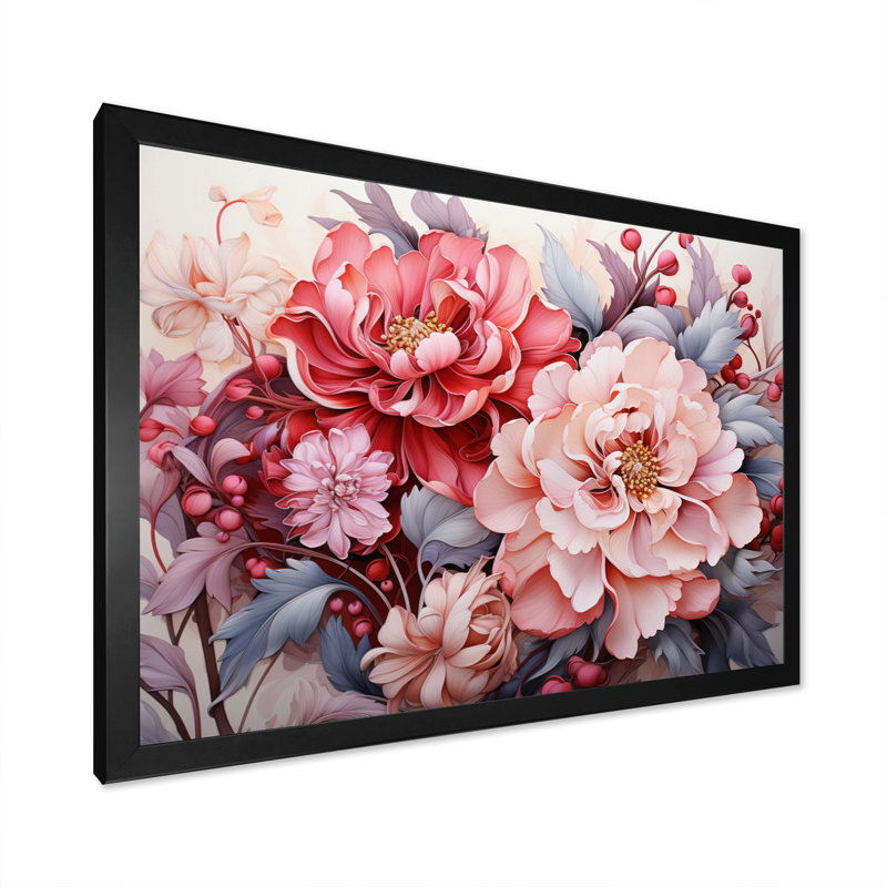 Pink Red Line Art Floral Patterns II Framed On Canvas Print, Cadre simple noir, H 12 po x l 20 po x P 1 po