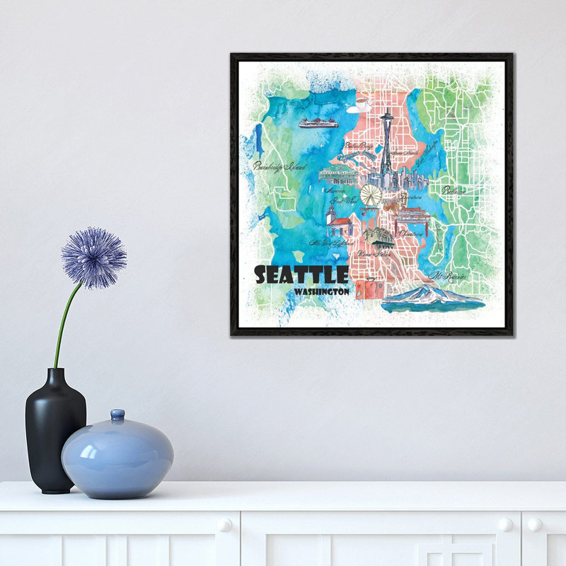 Seattle Washington Illustrated Map 1 Piece Painting on Canvas, 45.72cm H x 45.72cm W x 3.81cm D, Black Floater Framed