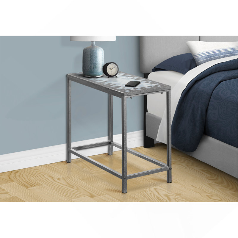 Table d'appoint, côté, bout, table de chevet, lampe, salon, chambre à coucher, carrelage bleu, métal gris, transitionnel