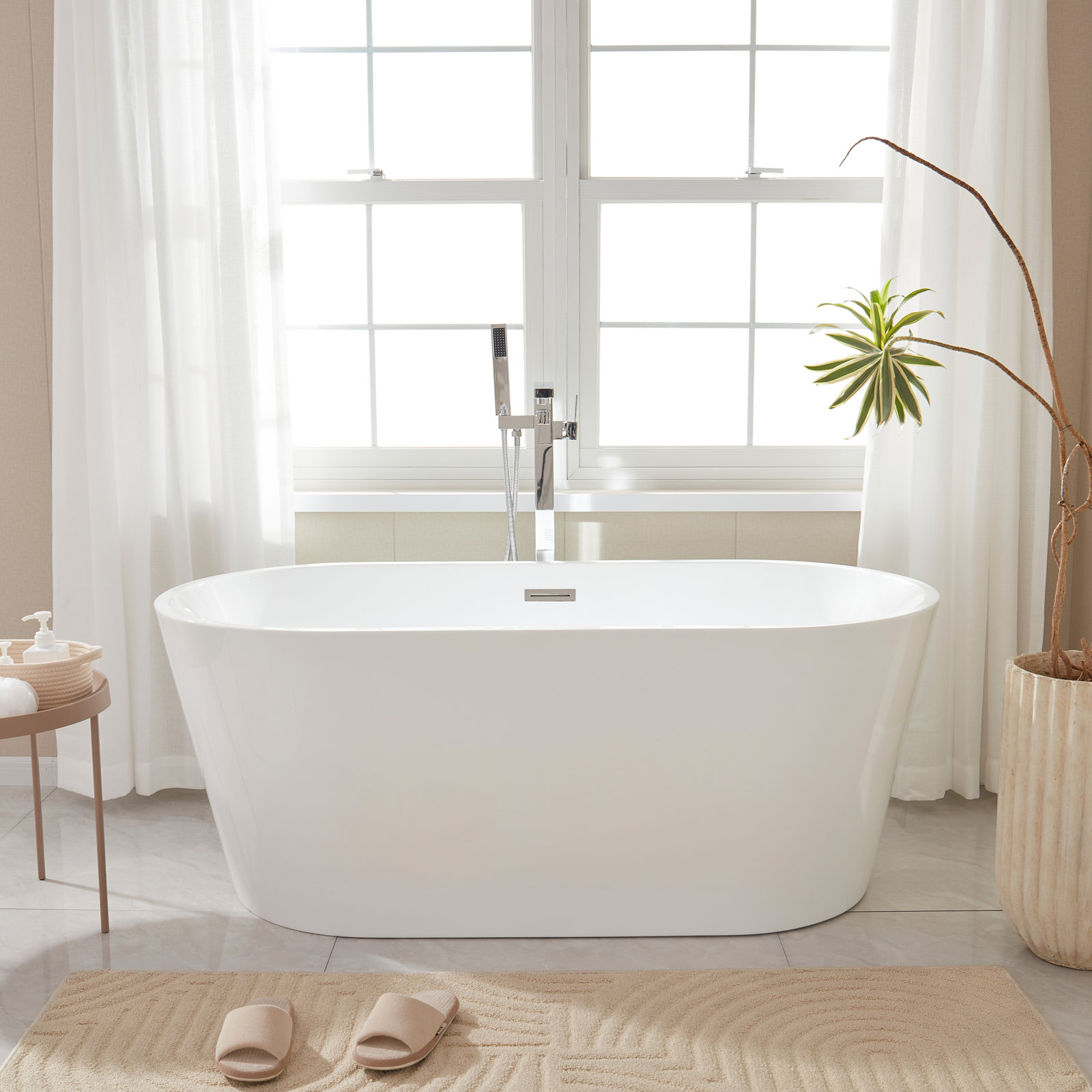 Iris 59" Freestanding Soaking Acrylic Bathtub, White/Polished Chrome