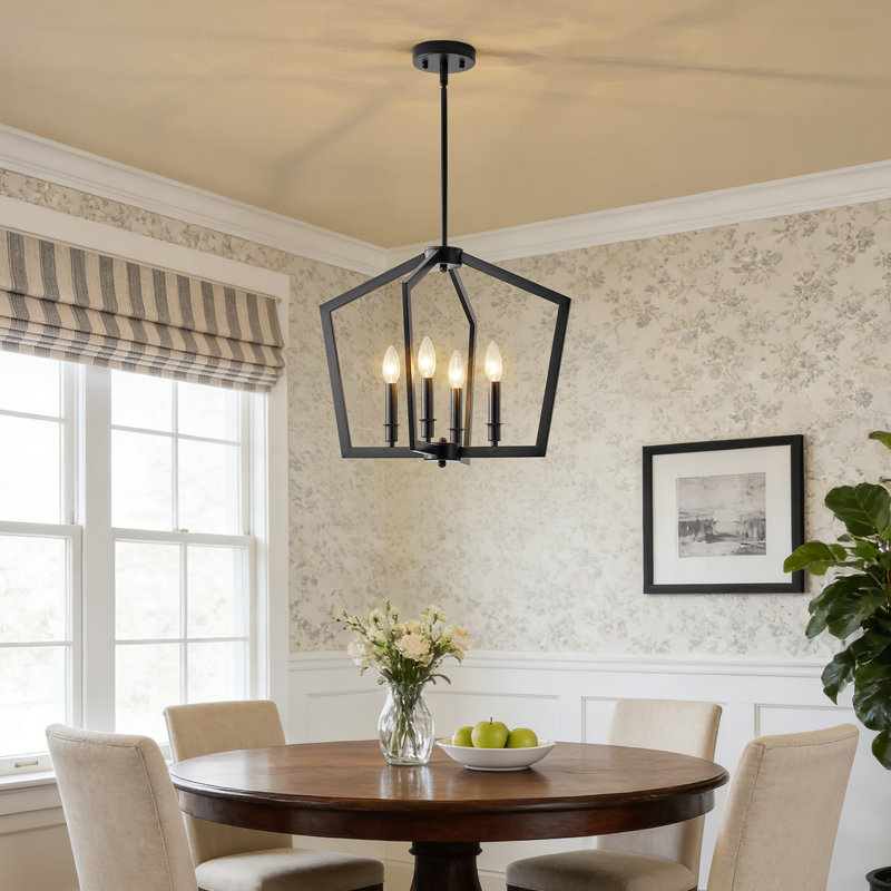 Lustre cage en métal 4 lumières, H 15,5 po x l 18,9 po x P 18,9 po, Quatre lumières