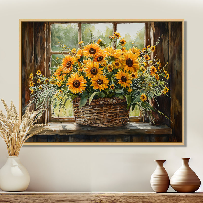 Bouquet de brise d'été à la ferme - tournesols, art mural, H 34 po x l 44 po, Cadre flottant, Crème, crème
