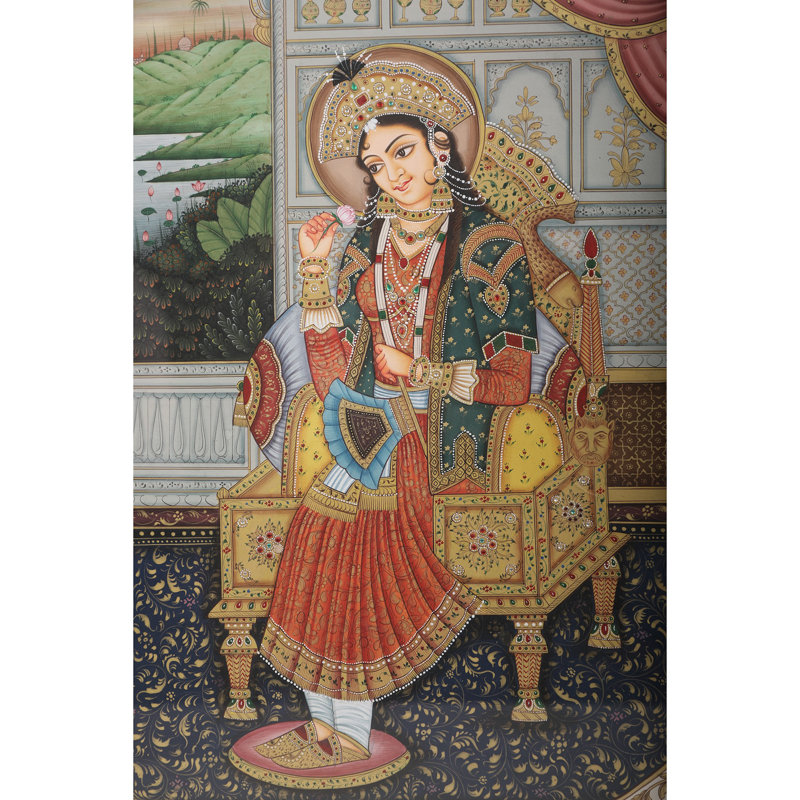 Peinture attrayante de Shahjahan et Mumtaaz - avec incrustations | Avec cadre | Couleur naturelle sur papier