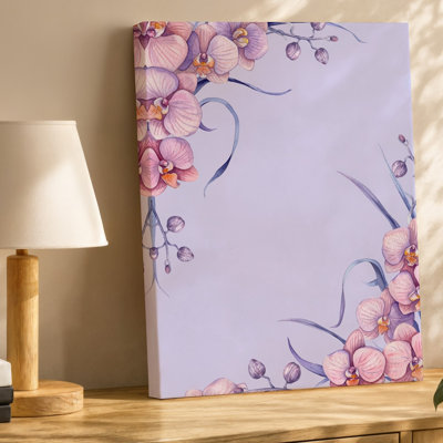 Toile, une délicate illustration à l'aquarelle mettant en vedette des orchidées roses douces disposées dans les coins de la composition, art mural sur toile