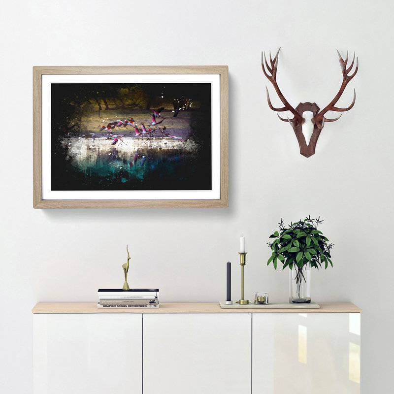 Flamingos Taking Flight - Picture Frame Graphic Art Print, Oak Framed, 62cm H x 87cm W x 2cm D