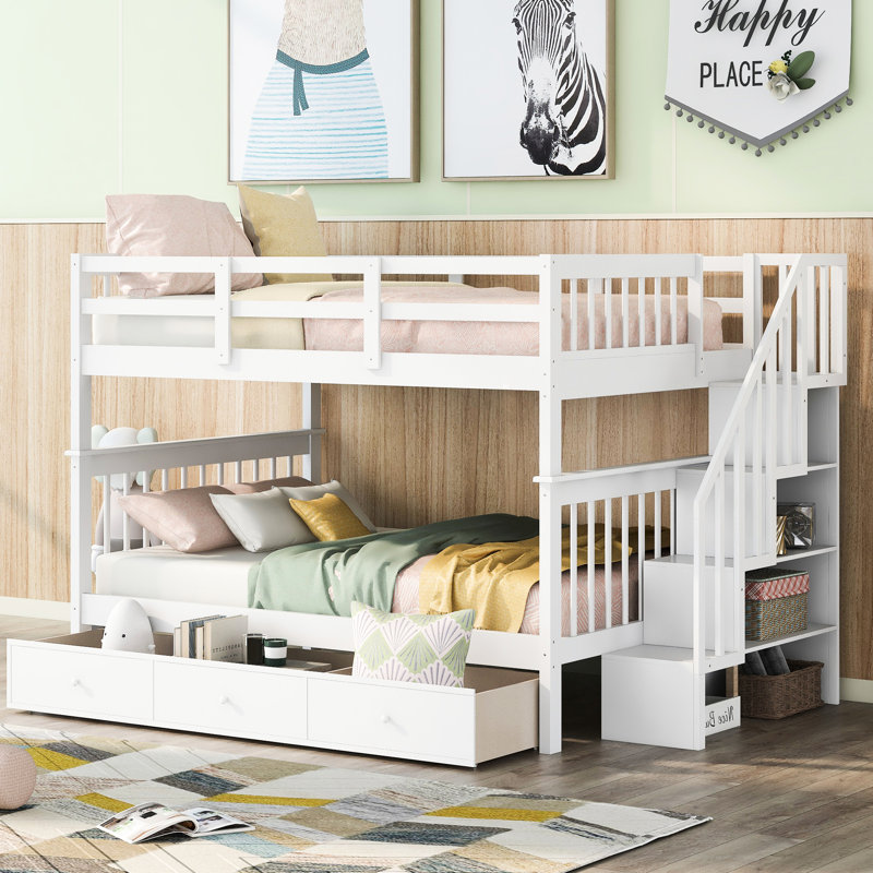Lit superposé blanc au-dessus d'un escalier pour chambre à coucher, quatre compartiments de rangement, conception divisible, escalier sécuritaire, garde-corps, matelas non inclus