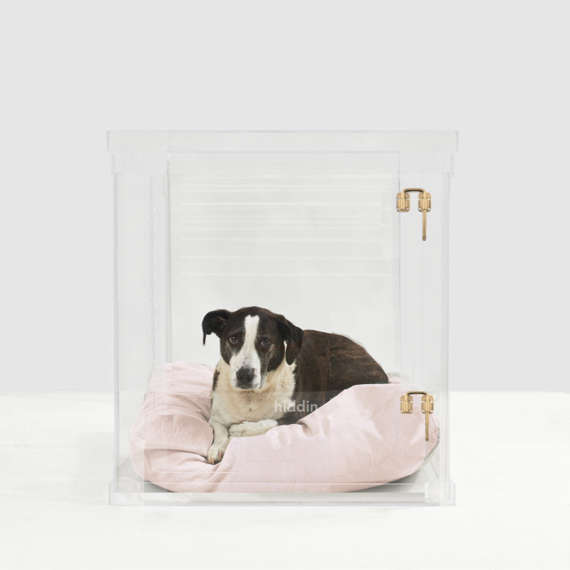 Medium Clear View Pet Crate with Silver Latch, Khaki Cushion, Blush