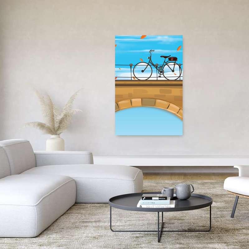 Automne, pont, vélo, tranquillité classique, ville d'automne rétro, impression d'art mural, 60" H x 40" W