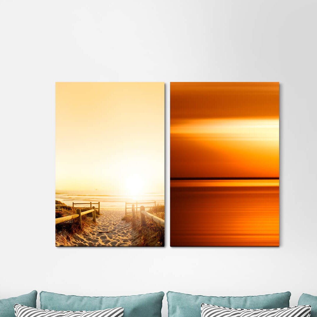 2-tlg. Leinwandbilder-Set - Grafikdruck „Horizon Sea Birds Freedom Picturesque Sunrise Dusk”