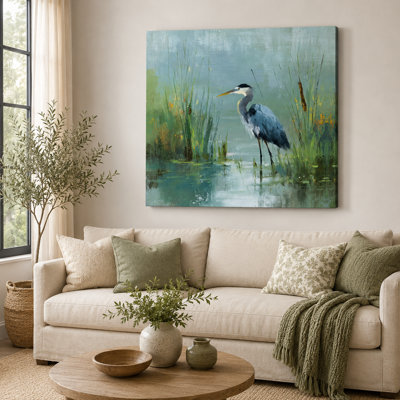 «Golden Marsh Heron», art mural sur toile tendue | Bureau de chambre à coucher avec imprimé nature côtière pour salon