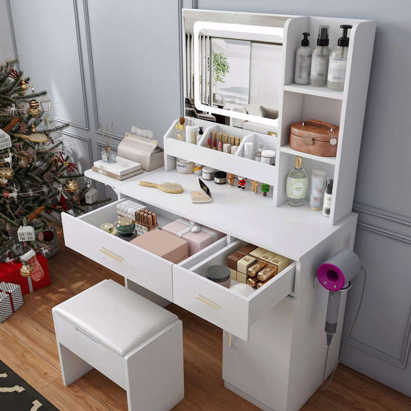 LED-Lit Vanity Desk with Built-In Power & Expandable Top – Storage Stool, Drawers & Adjustable Shelves