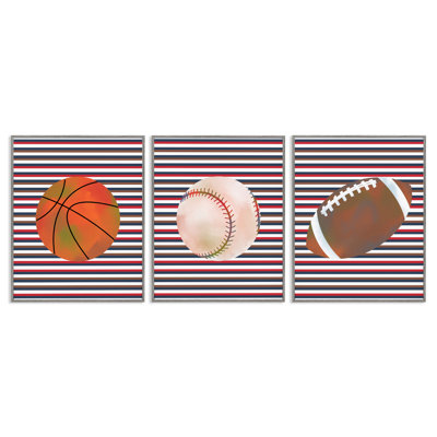 Stripes And Sports Balls 3pc Framed Giclee Set, design by Marcus Prime