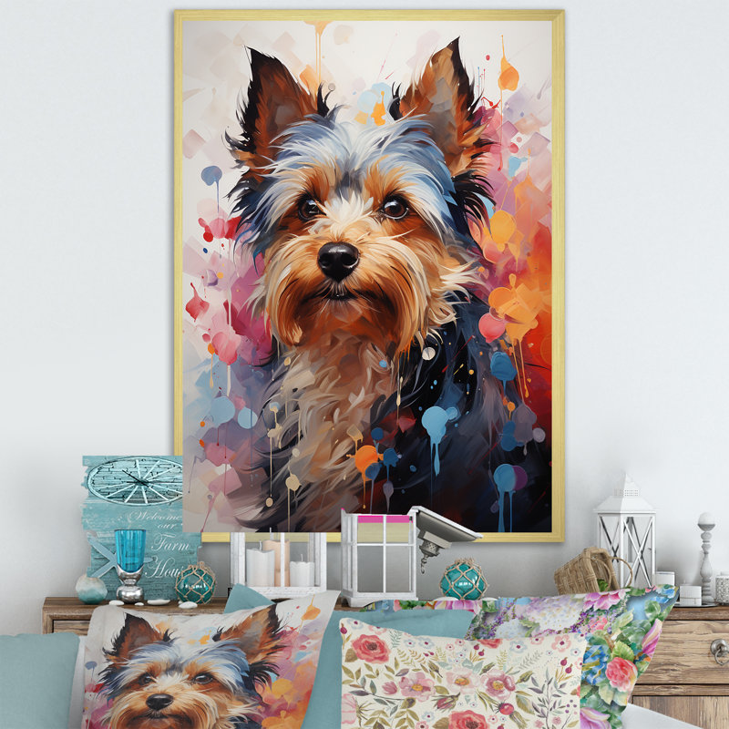 Doge Yorkie Reverie - reproduction sur toile, Cadre doré simple, H 44 po x l 34 po x P 1,5 po