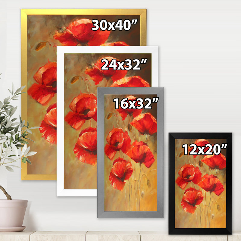 «Vintage Blooming Poppies II», peinture sur toile, H 32 po x l 24 po x P 1 po, Cadre photo argenté